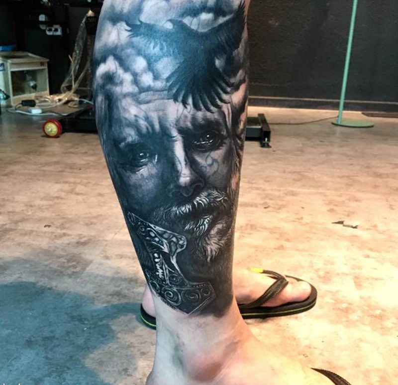 海神 遮盖纹身图片_腿部欧美写实纹身图案