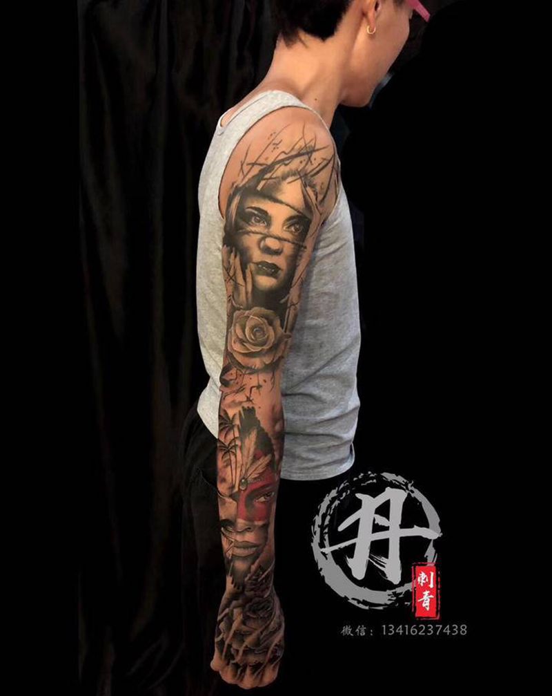 写实花臂拼接纹身图片_手臂欧美写实纹身图案