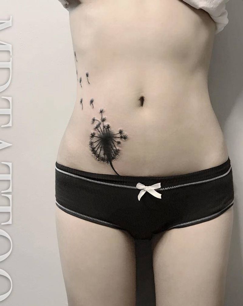 蒲公英纹身图片_腹部几何蒲公英纹身图案