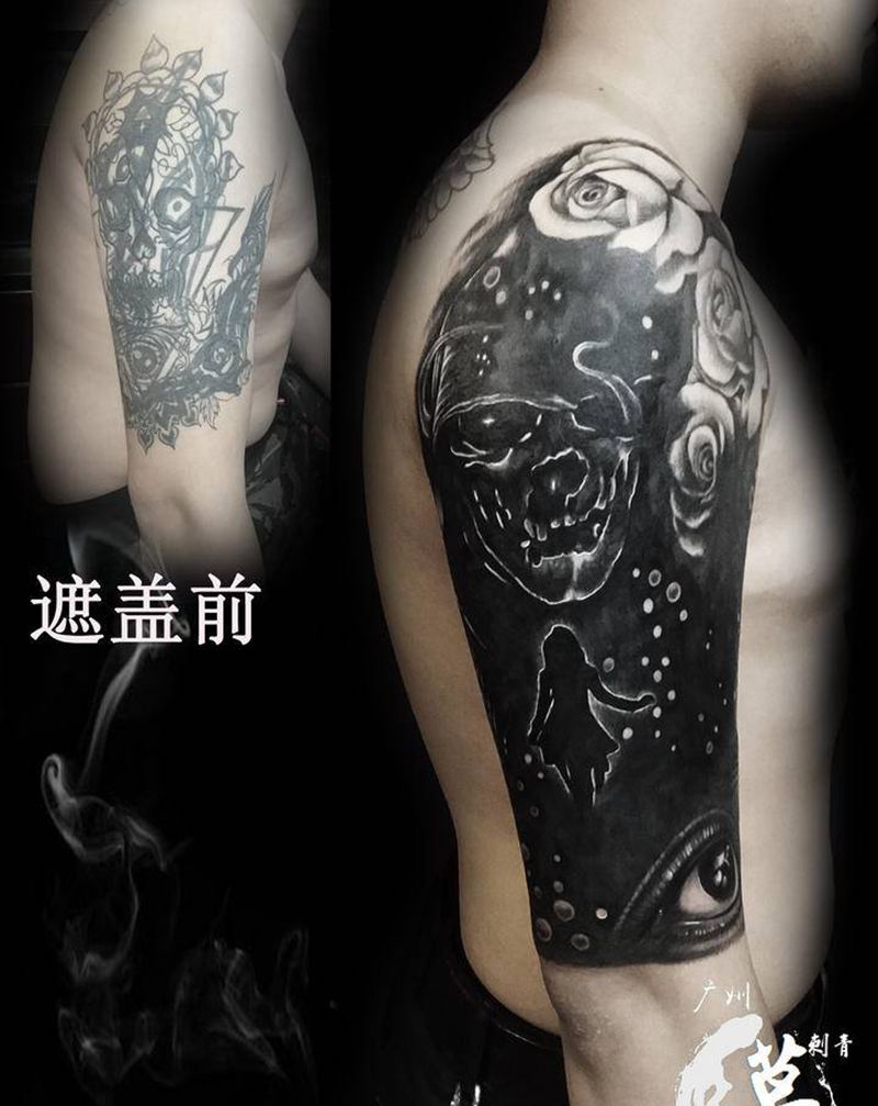暗黑大臂遮盖纹身图片_手臂手部欧美写实遮盖暗黑纹身图案