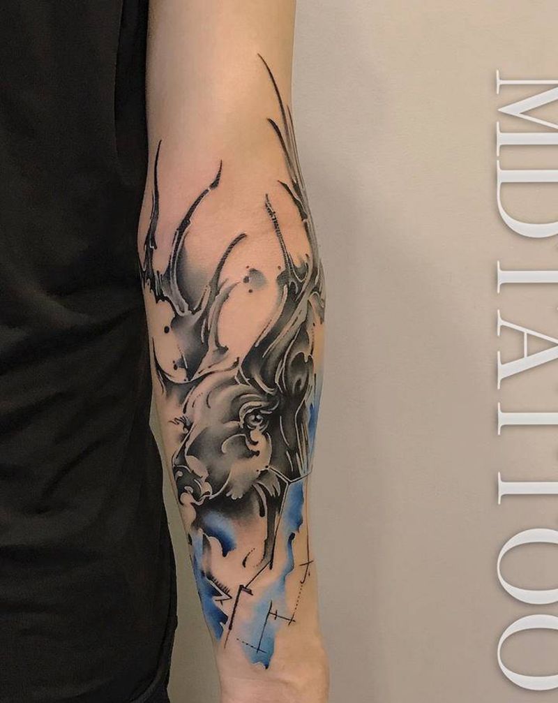 水彩鹿水墨鹿纹身图片_手臂手部水彩水墨鹿头鹿纹身图案