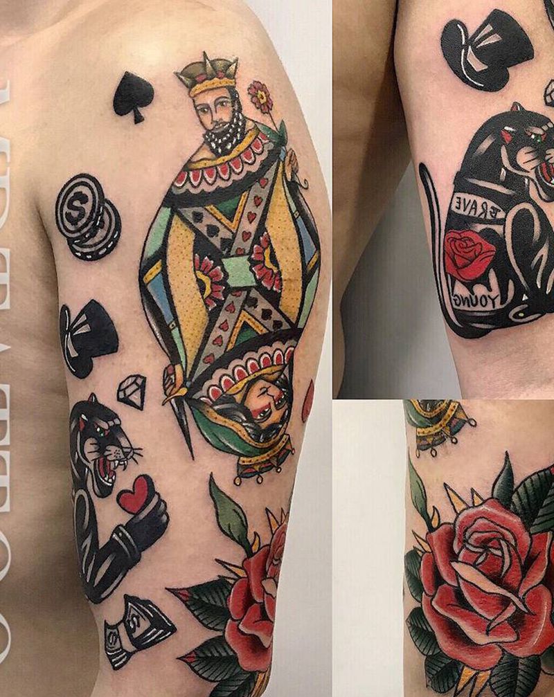 old school纹身图片_手部手臂Old School玫瑰花扑克牌豹子纹身图案