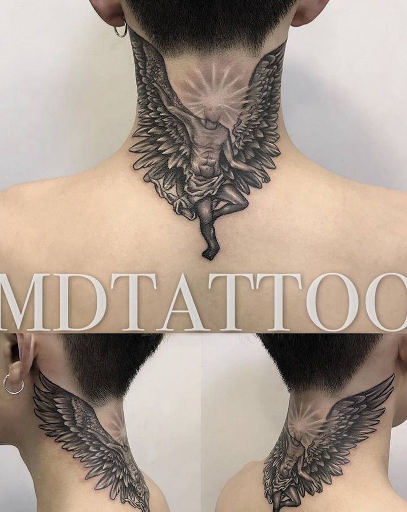 GD堕落天使纹身图片_颈部欧美写实天使堕落天使GD纹身图案