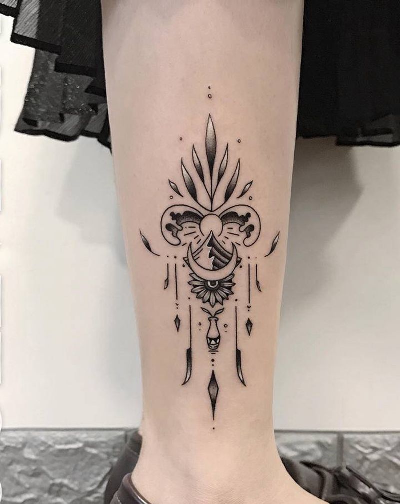 小清新纹身图片_腿部脚部点刺几何脚踝风景纹身图案