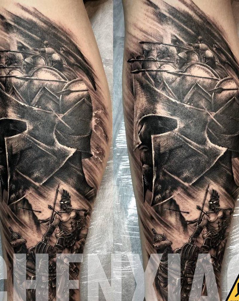 斯巴达精神纹身图片_腿部欧美写实纹身图案