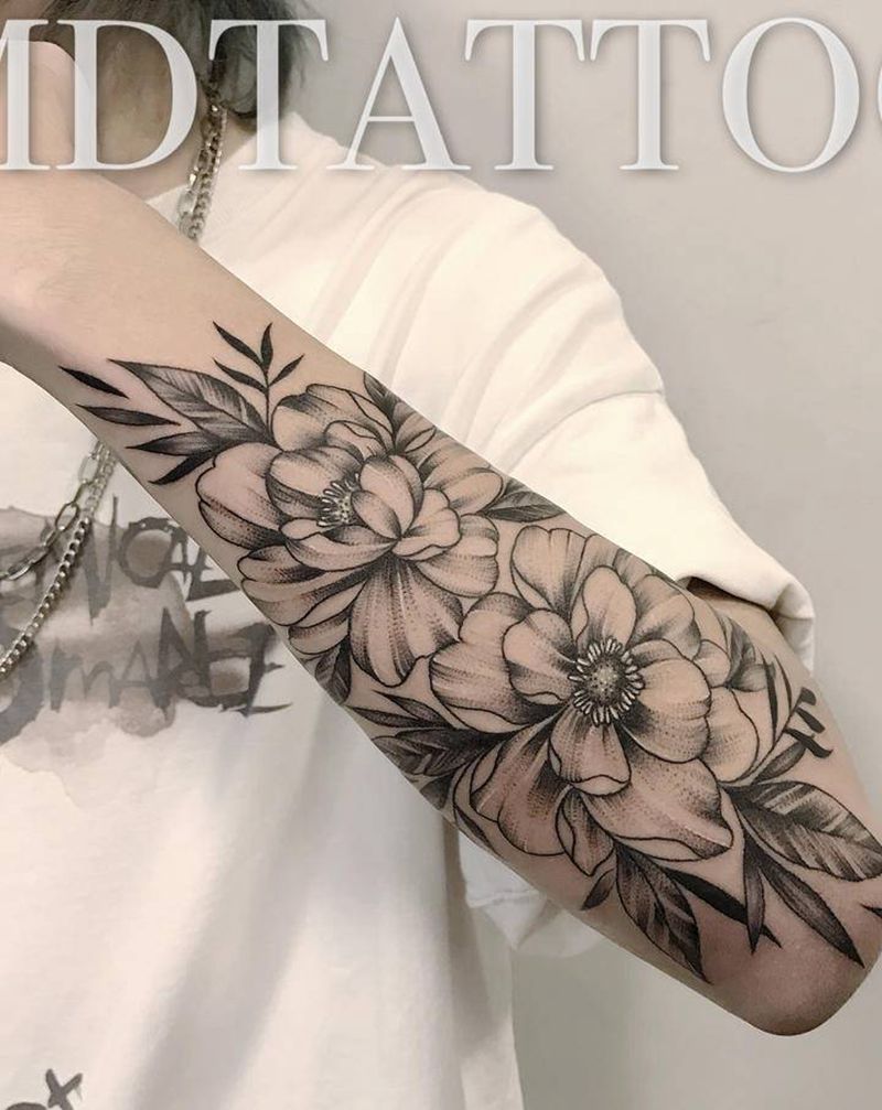 素花纹身图片_手臂手部点刺几何素花牡丹花纹身图案