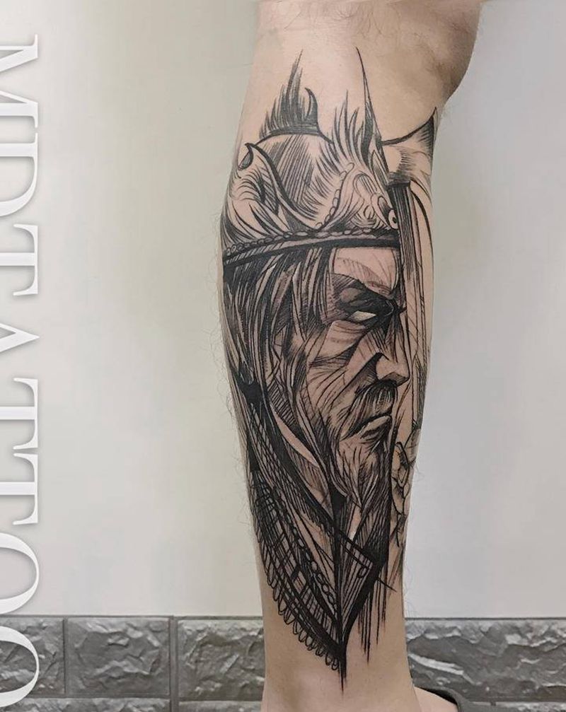 素描纹身图片_腿部脚部几何点刺素描线纹身图案