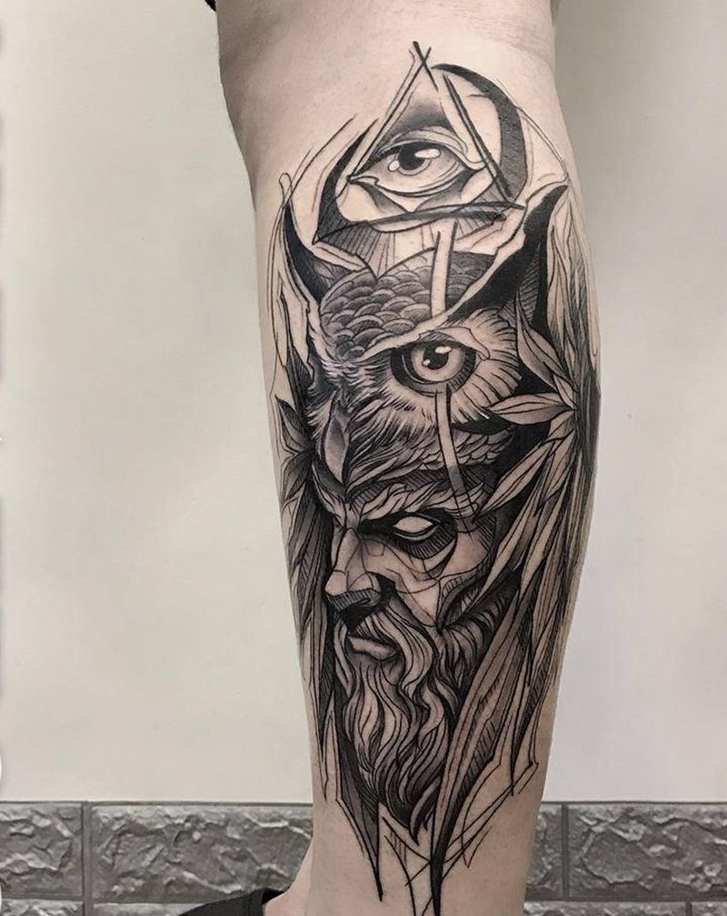 素描纹身图片_腿部脚部点刺几何素描猫头鹰眼睛纹身图案