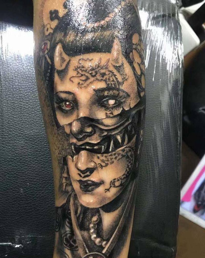 暗黑风格艺妓与般若纹身图片_手臂纹身图案