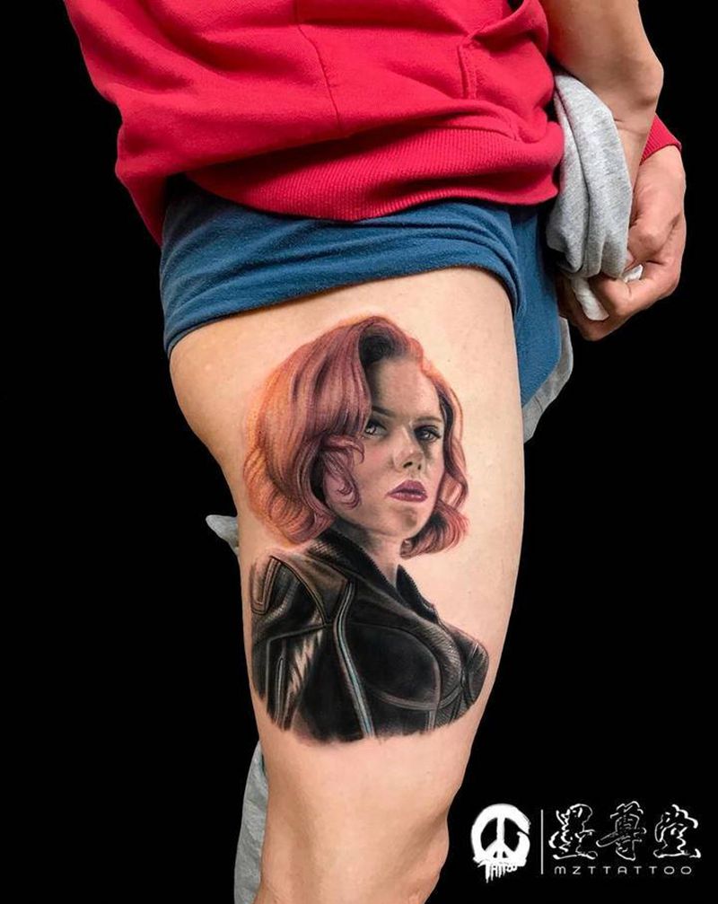 黑寡妇纹身图片_腿部欧美写实纹身图案