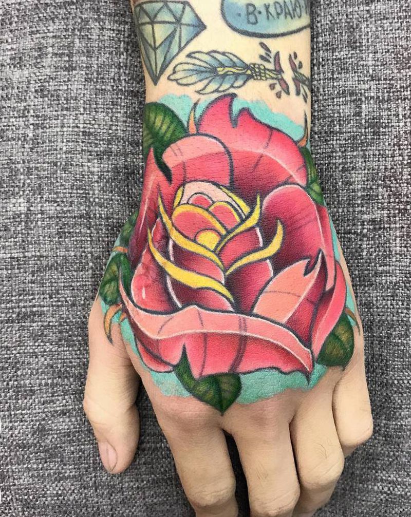 疤痕遮盖 玫瑰纹身图片_手部手臂Old SchoolNew School玫瑰花手背纹身图案