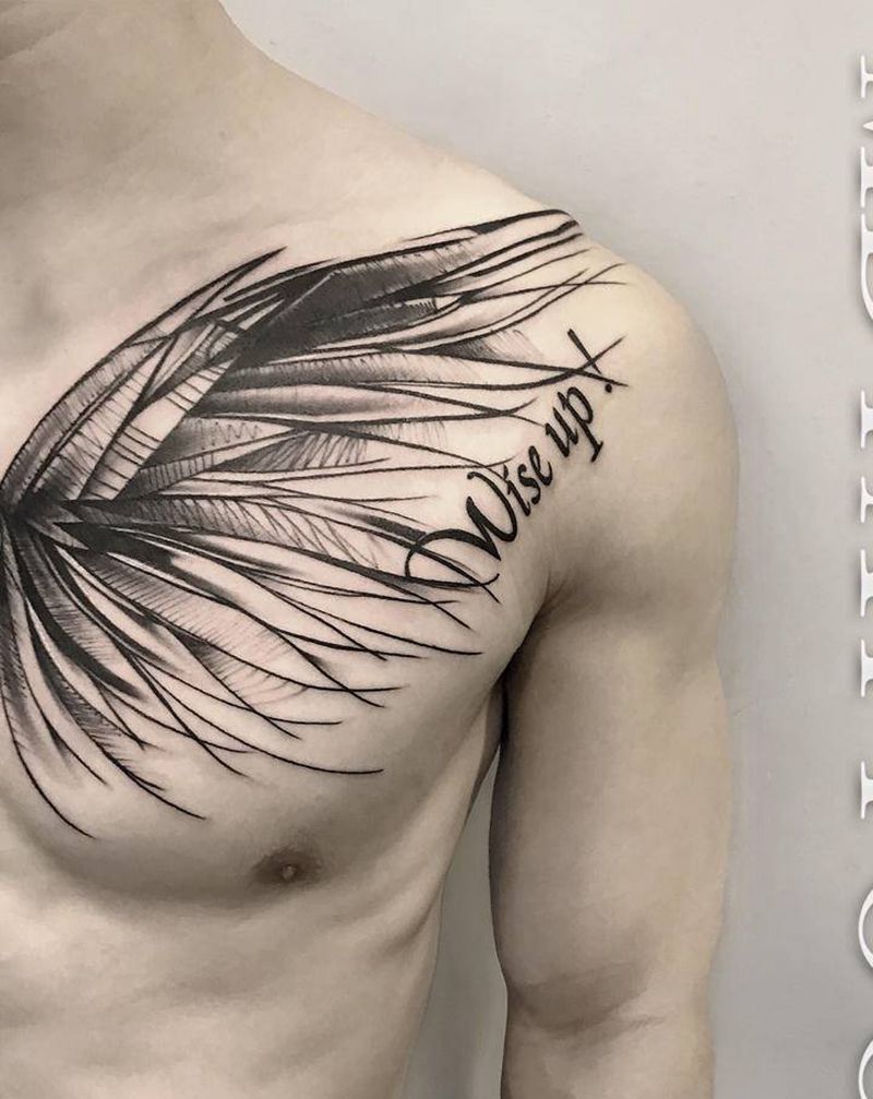 翅膀纹身图片_胸部肩部几何点刺线条素描抽象纹身图案