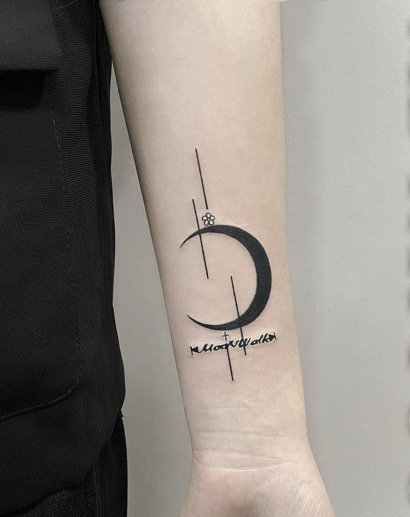 月亮纹身图片_手臂手部几何图腾月亮英文纹身图案