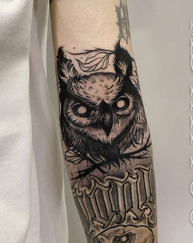 暗黑猫头鹰纹身图片_手臂手部欧美写实点刺纹身图案
