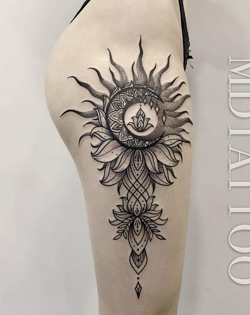 梵花纹身图片_腿部臀部几何点刺梵花大腿纹身图案