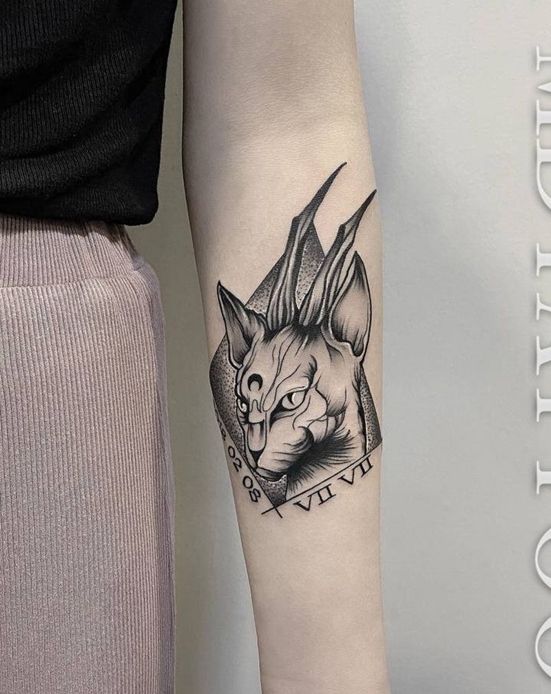 斯芬克斯猫纹身图片_手臂手部几何点刺暗黑无毛猫猫纹身图案