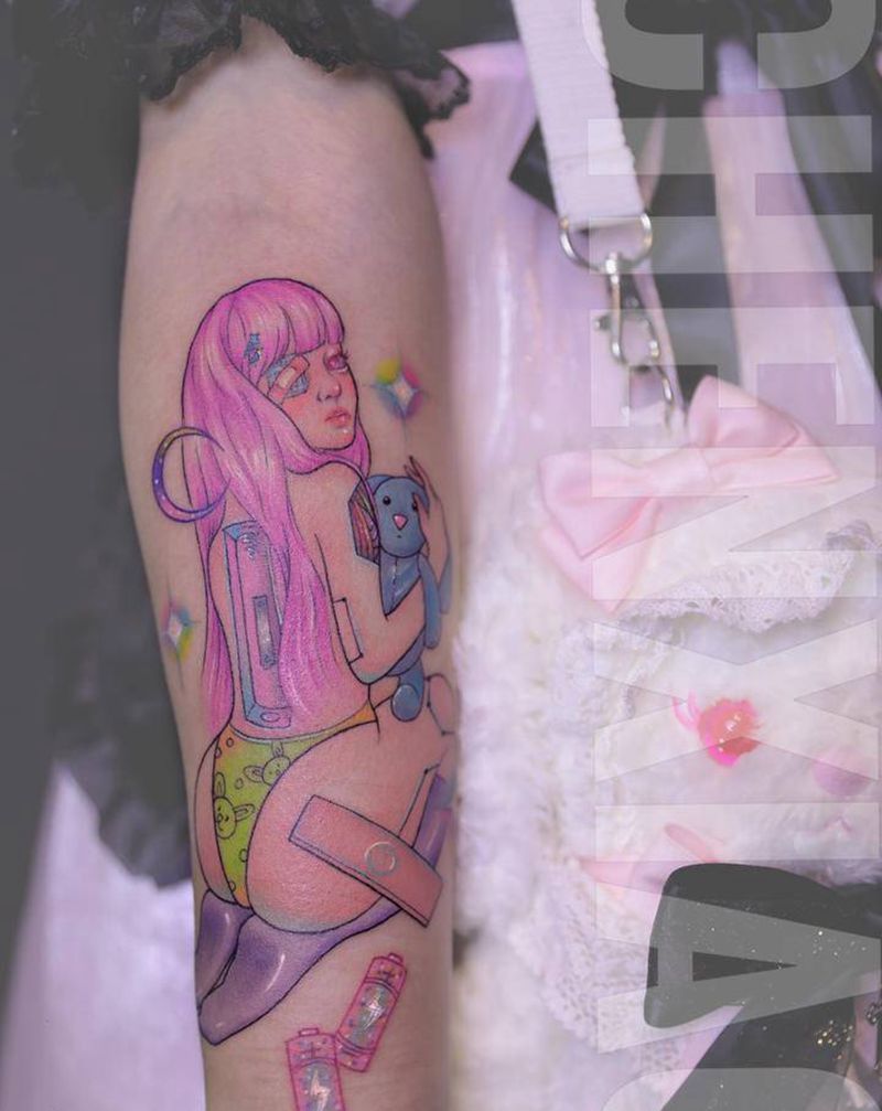 电池少女纹身图片_手臂手部New School纹身图案