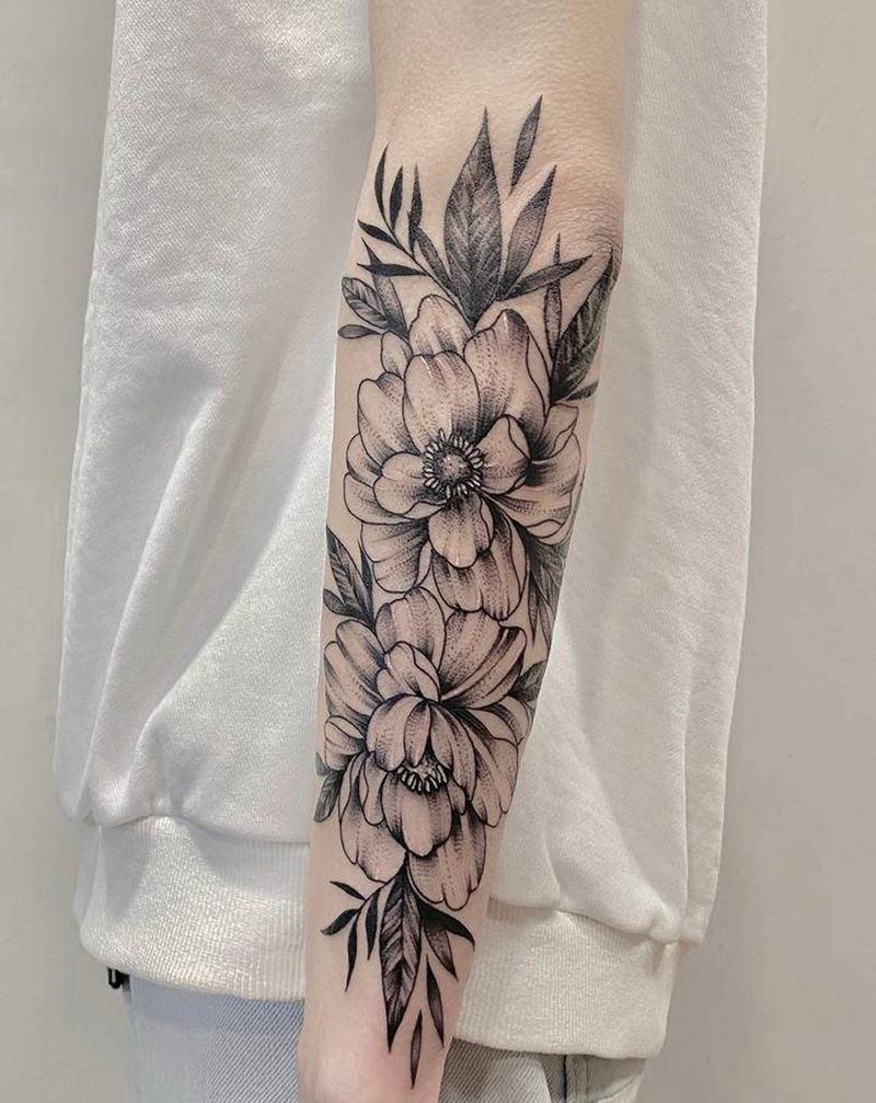 素花纹身图片_手部手臂点刺几何素花牡丹花小臂纹身图案