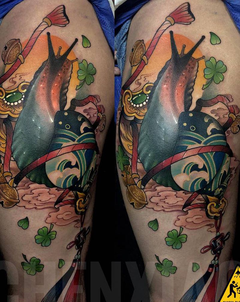 富贵蜗牛纹身图片_腿部New School新传统纹身图案