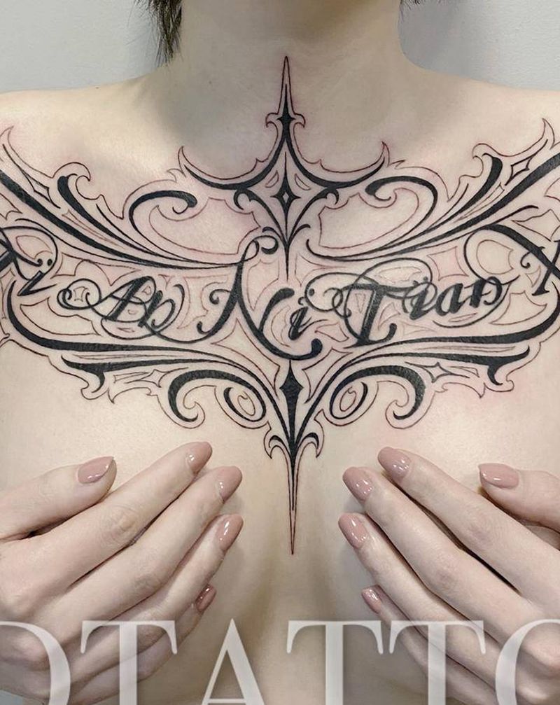 花体花胸修改纹身图片_胸部花体字图腾奇卡诺花胸纹身图案
