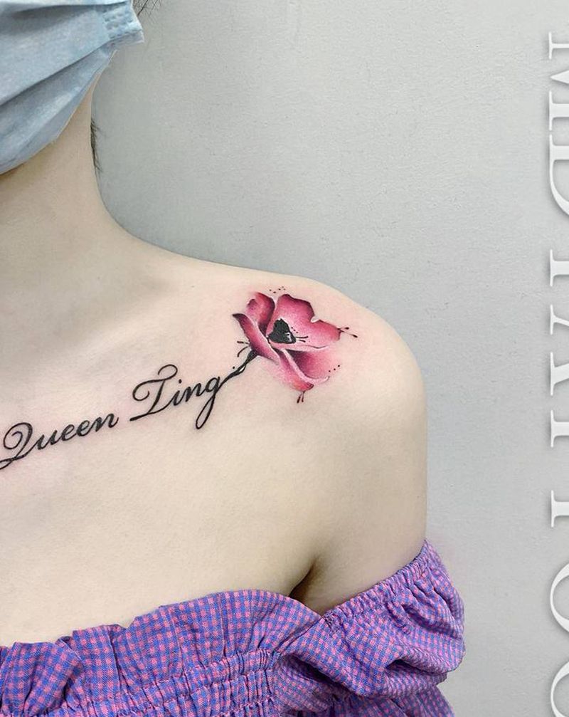 锁骨英文水彩纹身图片_胸部肩部水彩花体字锁骨英文脖子纹身图案