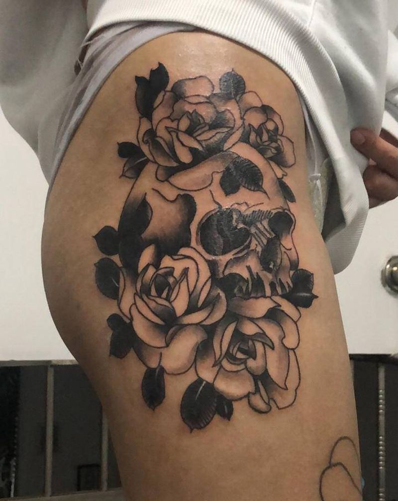 骷髅纹身图片_腿部纹身图案