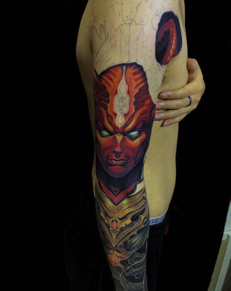 欧美重彩人物花臂纹身图片_手臂欧美写实纹身图案