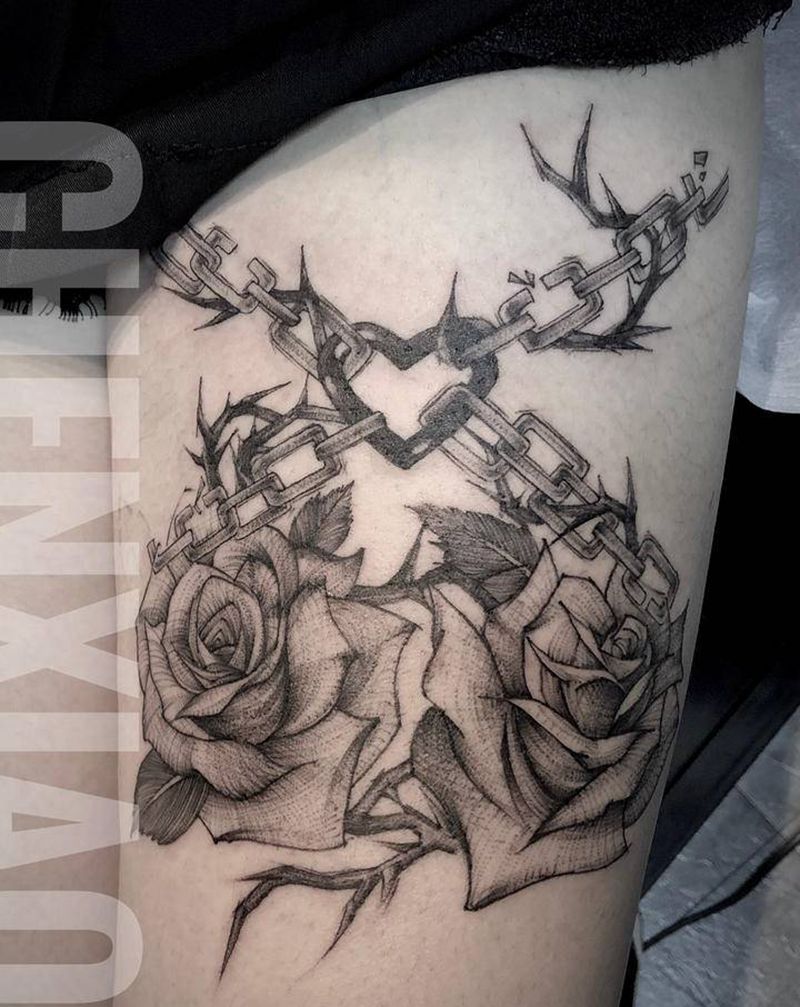 锁链玫瑰纹身图片_腿部点刺几何纹身图案