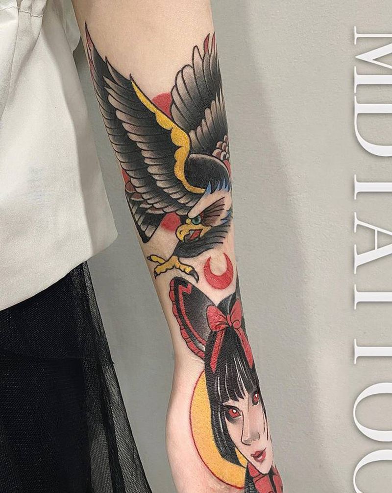 old school 老鹰 人纹身图片_手部手臂Old School疤痕遮盖纹身图案