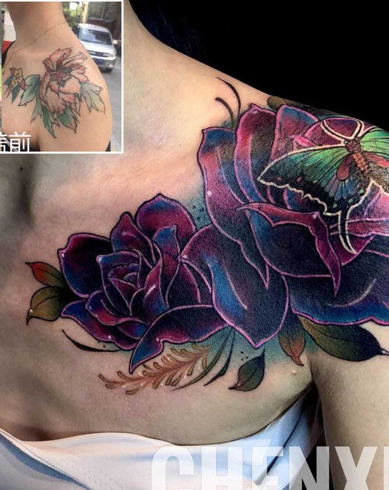 超级遮盖纹身图片_肩部胸部New School玫瑰纹身图案