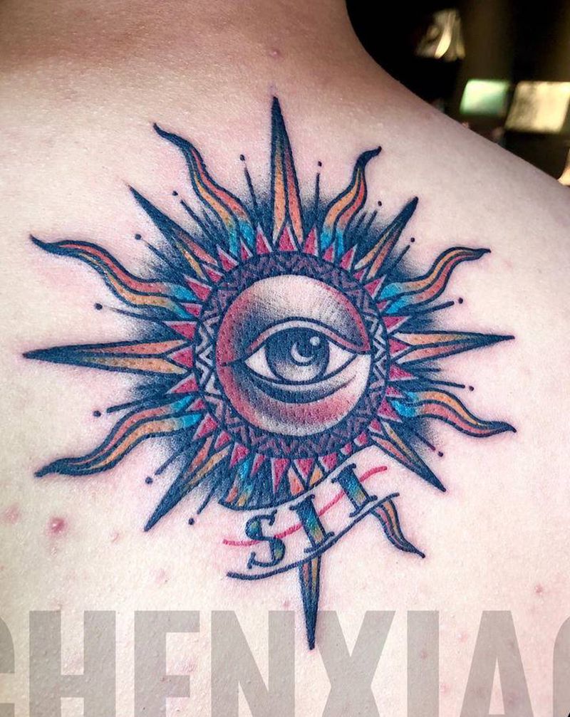 Oldschool太阳纹身图片_背部Old School纹身图案