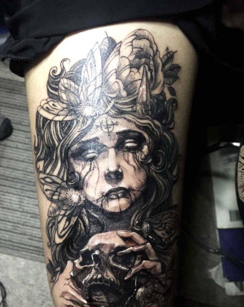 暗黑少女与骷髅头纹身图片_腿部手臂纹身图案