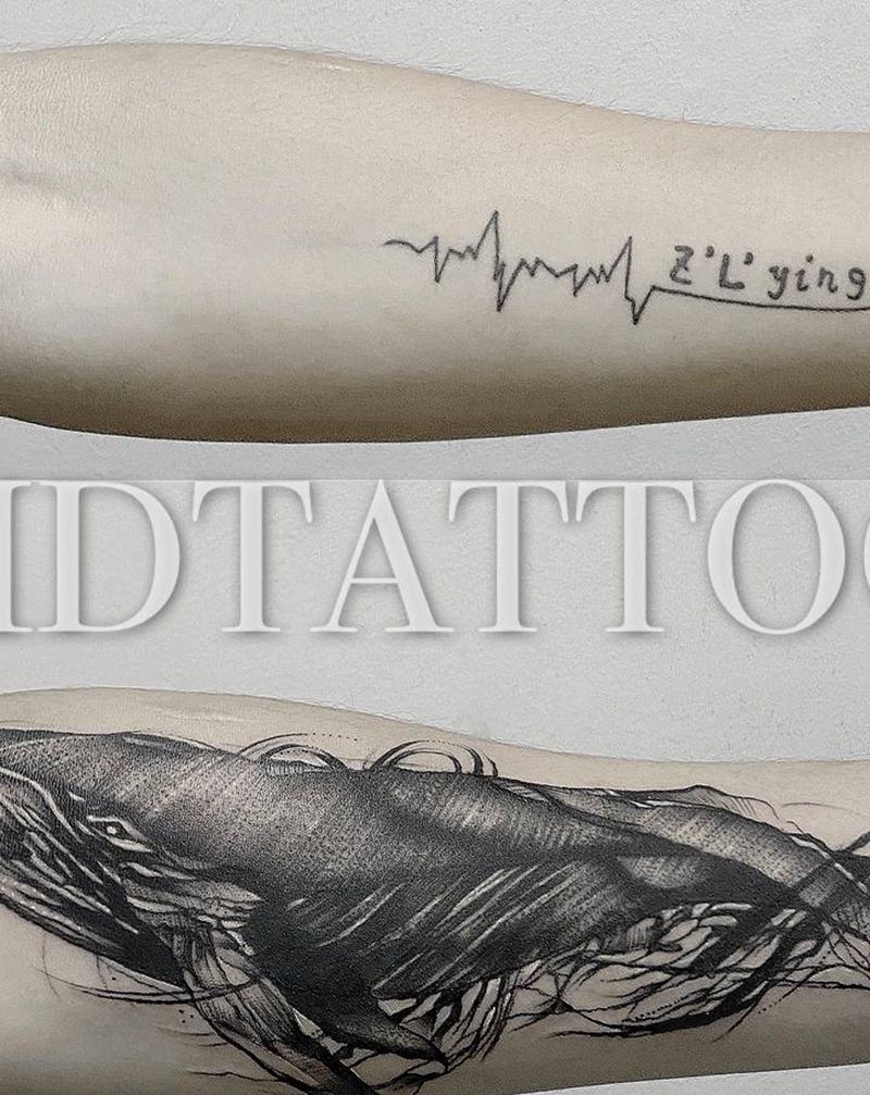 鲸鱼遮盖纹身图片_手部手臂水墨点刺鲸鱼几何遮盖纹身图案