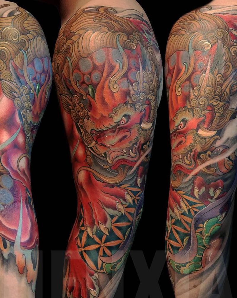 七分新传统唐狮纹身图片_手部手臂新传统纹身图案