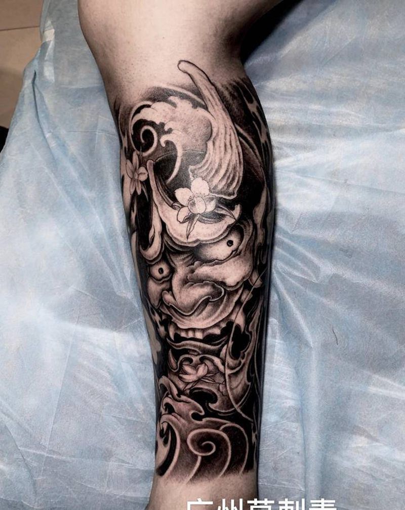 小腿黑灰般若纹身图片_脚部腿部新传统老传统般若纹身图案