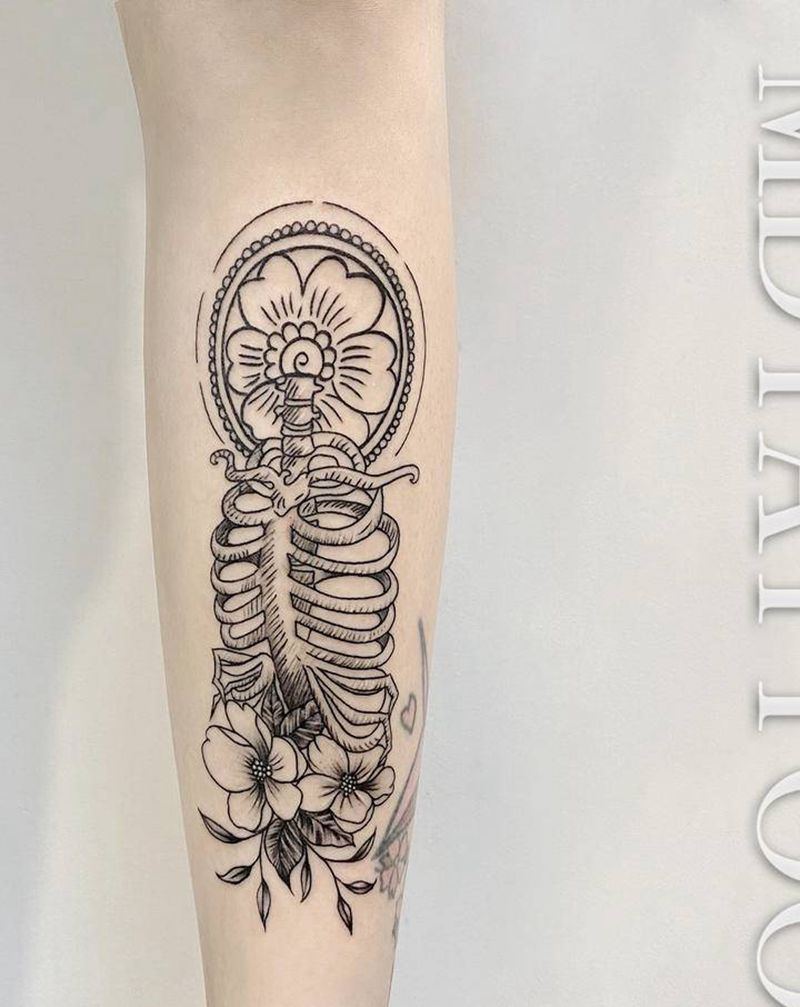 骨架素花纹身图片_腿部脚部几何点刺素花骨架腿骨纹身图案