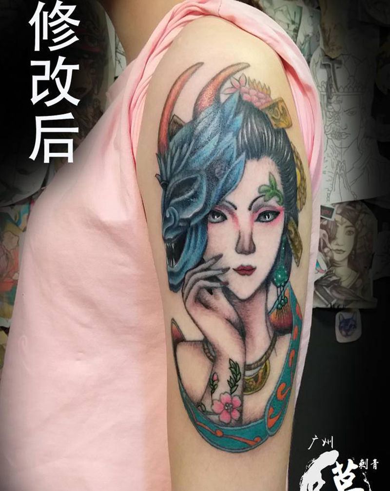 修改作品,美女噢纹身图片_手部手臂新传统欧美写实艺妓汉美人美女纹身图案