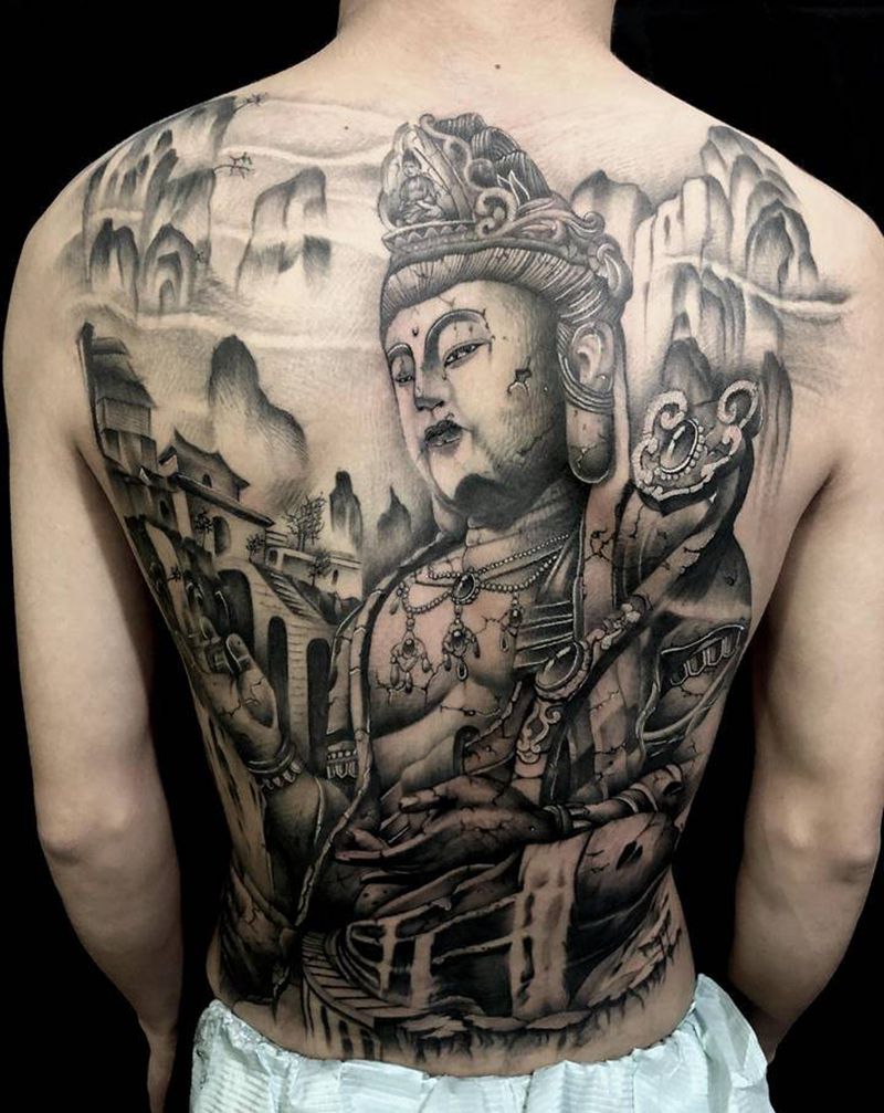 石雕佛纹身图片_背部新传统佛 石雕纹身图案