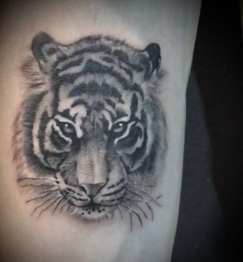 迷你虎纹身图片_手部欧美写实纹身图案