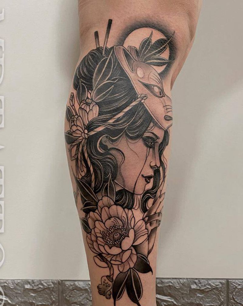 艺伎人物纹身图片_腿部脚部新传统New School艺伎人物面具纹身图案