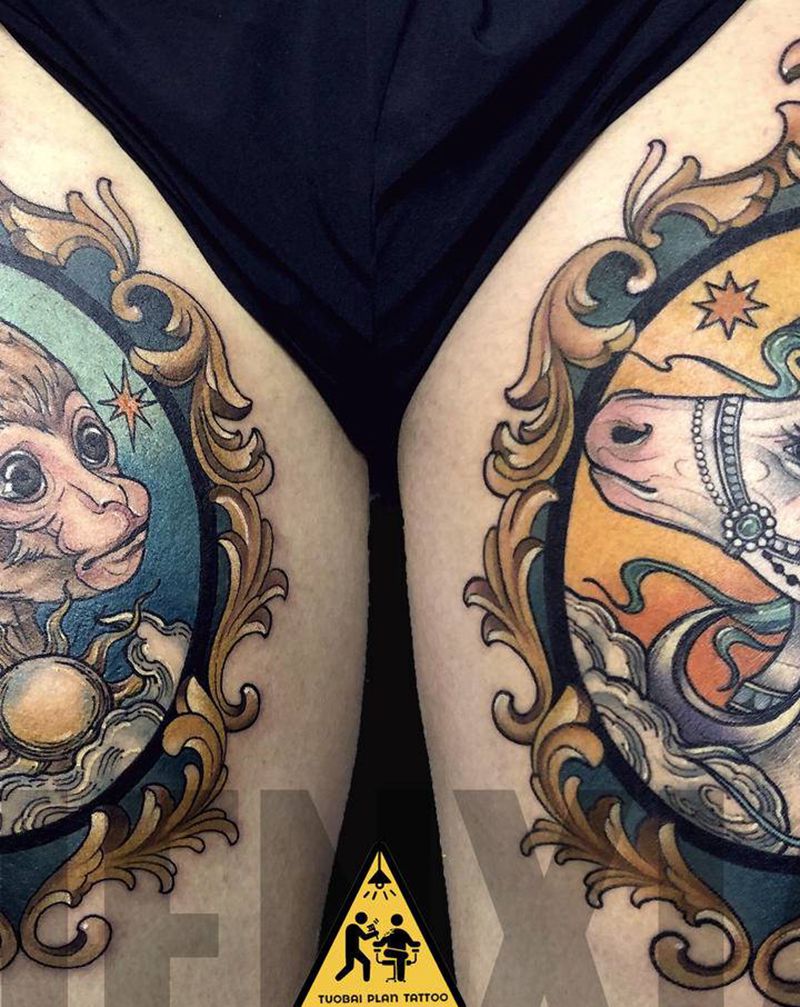 猴&马纹身图片_腿部New School猴马独角兽纹身图案