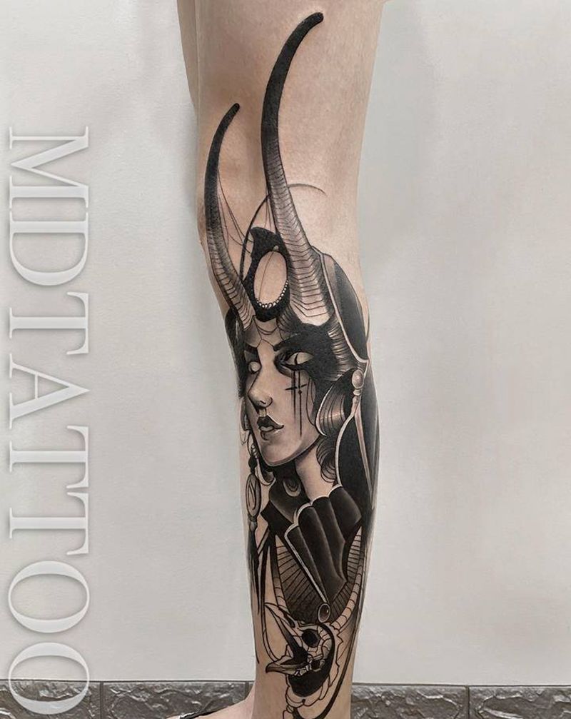 暗黑人物纹身图片_腿部New School欧美写实暗黑人物遮盖纹身图案