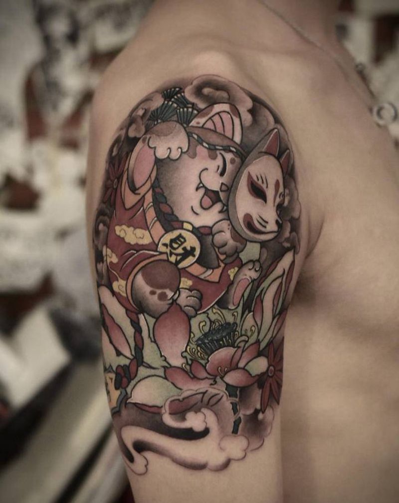 招财猫纹身图片_手臂新传统New School纹身图案