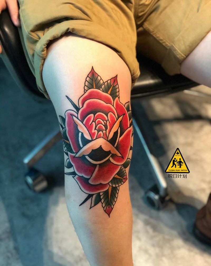 Oldschoo玫瑰纹身图片_脚部腿部Old School纹身图案