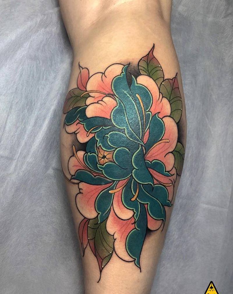 牡丹纹身图片_腿部New School纹身图案