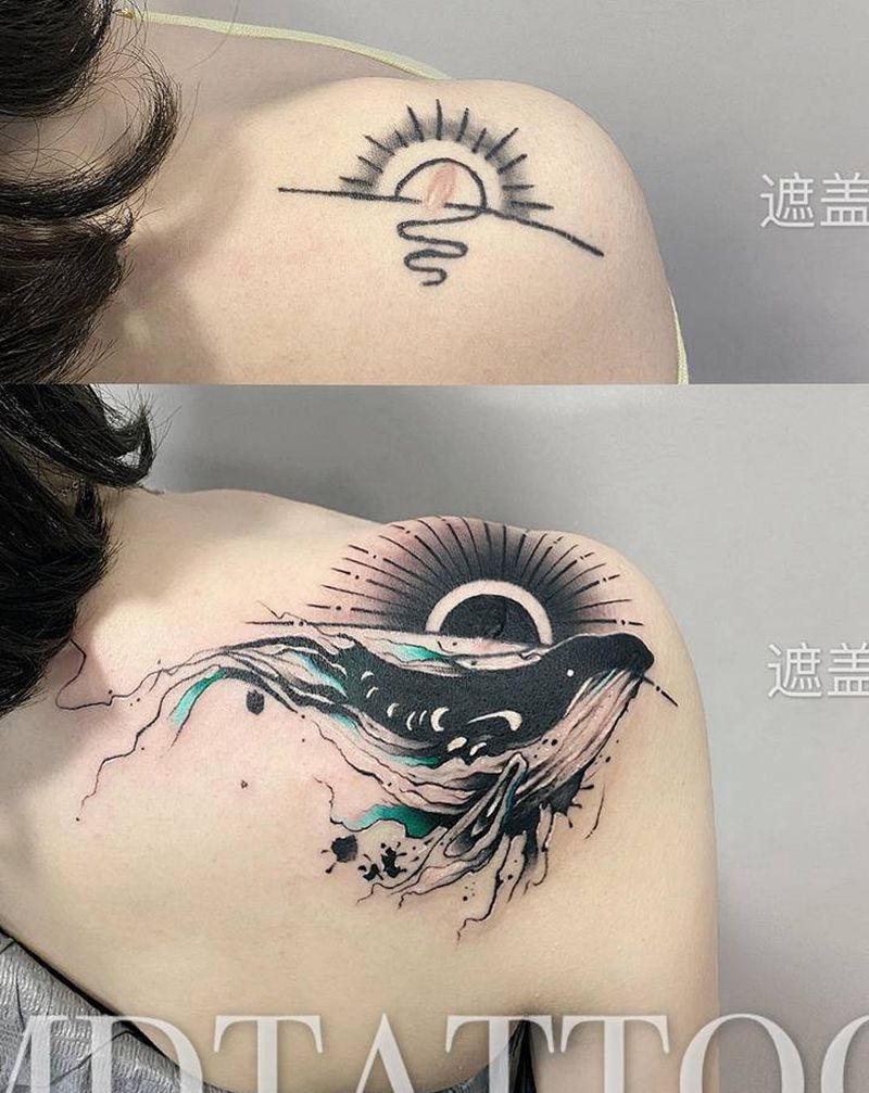 鲸鱼遮盖纹身图片_肩部背部水墨水彩鲸鱼后肩遮盖纹身图案