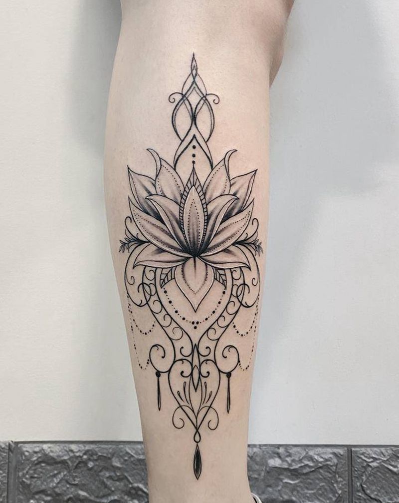 梵花纹身图片_腿部脚部点刺几何梵花荷花莲花纹身图案
