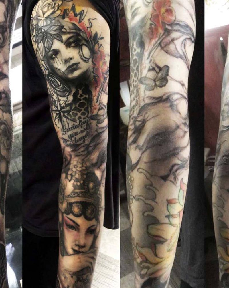 中西美女花臂纹身图片_手臂手部纹身图案