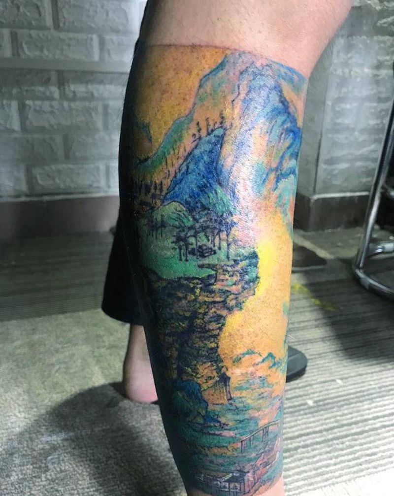 千里江山图山水国画纹身图片_腿部脚部纹身图案