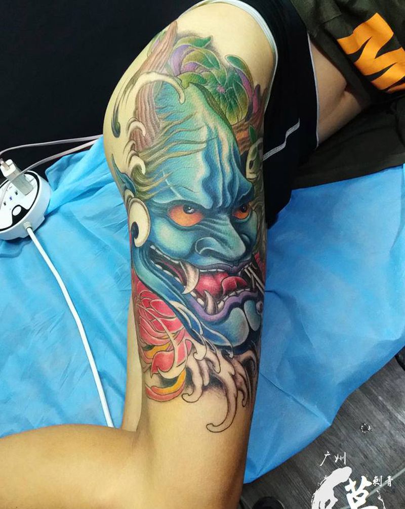 经典彩色般若纹身图片_腿部臀部新传统老传统般若传统彩色纹身图案